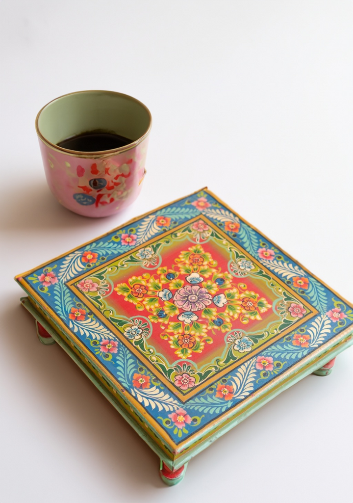 Vintage Handcrafted Mango Wood Bajot Table: Traditional Indian Elegant Coffee Table Side Table