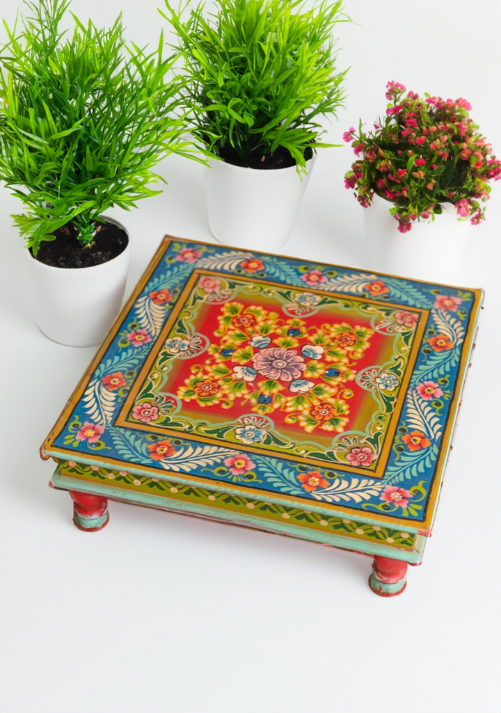 Vintage Handcrafted Mango Wood Bajot Table: Traditional Indian Elegant Coffee Table Side Table