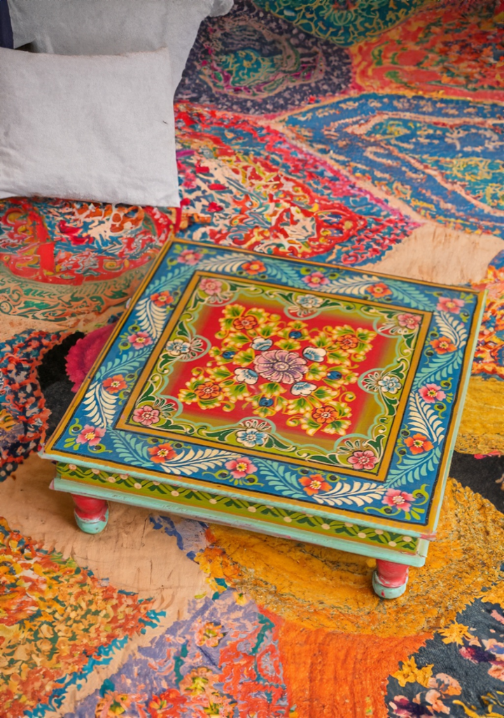 Vintage Handcrafted Mango Wood Bajot Table: Traditional Indian Elegant Coffee Table Side Table