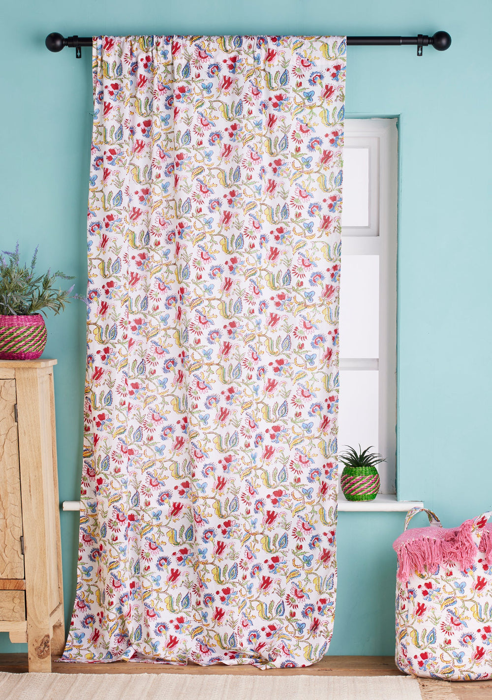 Multi Colour White Floral Curtain Panel - Second Nature Online