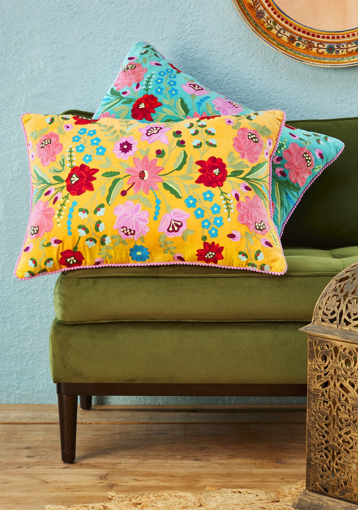 Mustard Yellow Velvet Cotton Cushion Cover With Flower Pattern - Second Nature Online