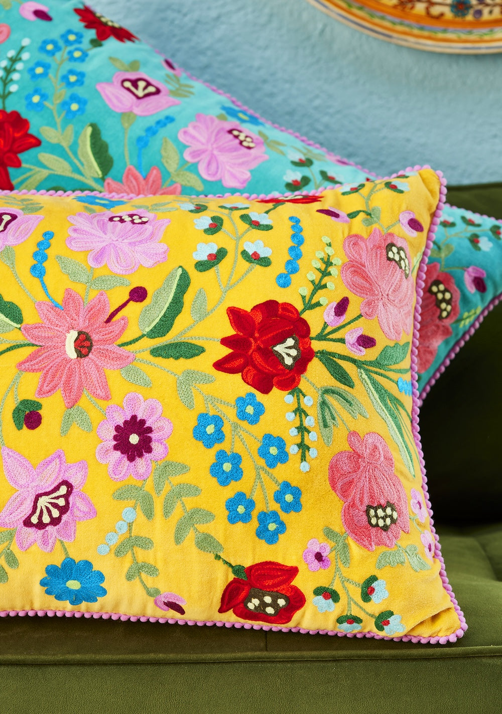 Close Up Of Mustard Yellow Cotton Velvet Cushion Cover