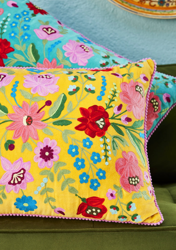 Close Up Of Mustard Yellow Cotton Velvet Cushion Cover