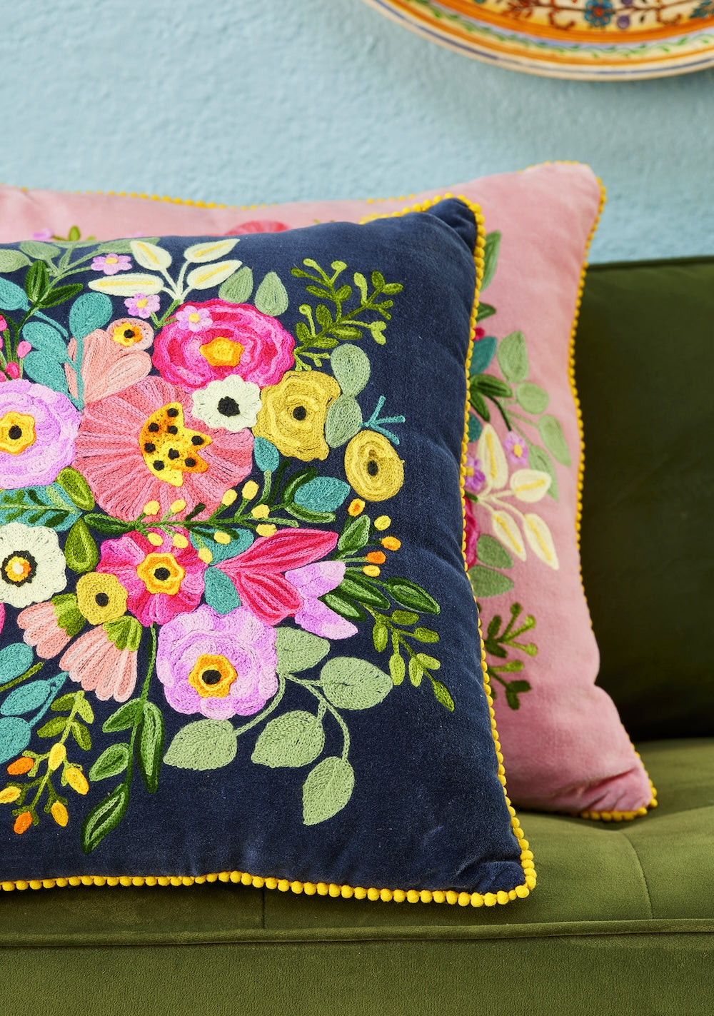 Navy Velvet Wildflower Cushion Cover Close Up