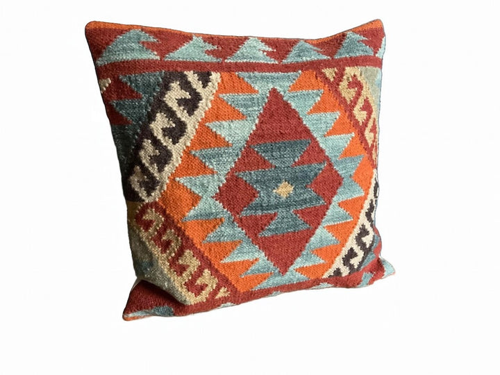 Hand Crafted Diamond Wool and Cotton Multi Colour Blue Terracota Kilim Cushion Cover 50 cm x 50 cm
