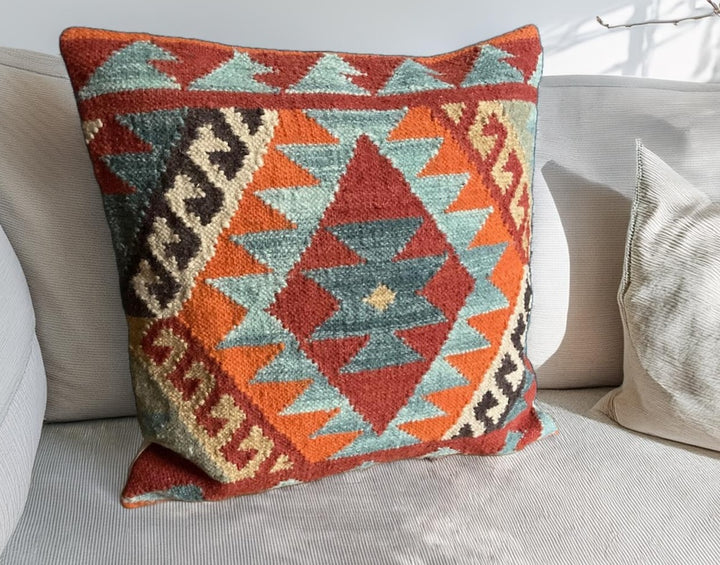 Hand Crafted Diamond Wool and Cotton Multi Colour Blue Terracota Kilim Cushion Cover 50 cm x 50 cm