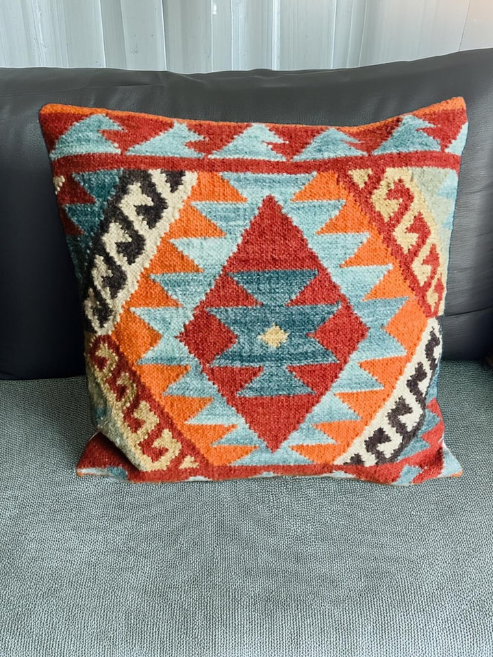 Hand Crafted Diamond Wool and Cotton Multi Colour Blue Terracota Kilim Cushion Cover 50 cm x 50 cm