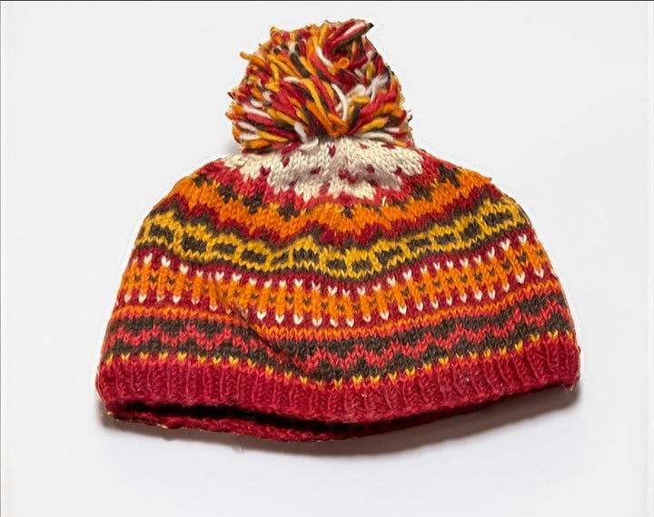 Hand Made Warm Cosy Multi Coloured Orange New Zealand Wool Bobble Hat with Fleece Inner Lining