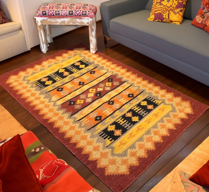 Orange Yellow Geometric Rug Cotton Jute Blend No Fringe Kilim