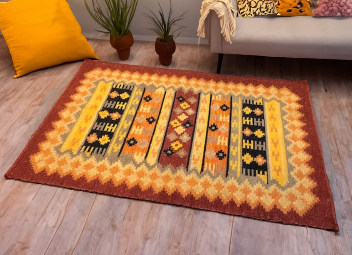 Orange Yellow Geometric Rug Cotton Jute Blend No Fringe Kilim