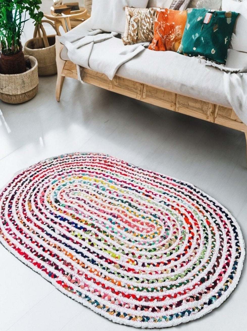 Oval Cotton Carnival Rug White and Rainbow stripes
