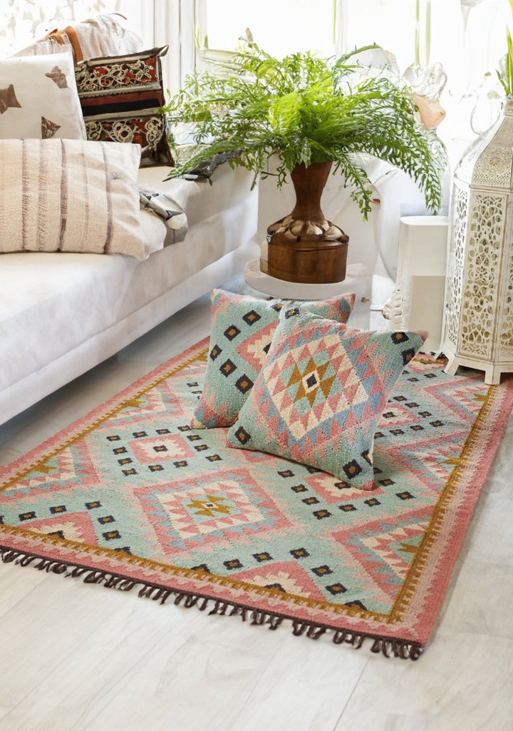 Pastel Light Blue and Pink Kilim Rug Second Nature Online
