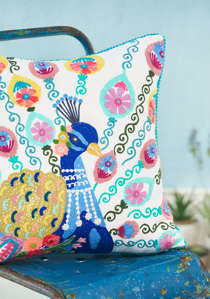 Cotton Peacock Embroidered Cushion Cover