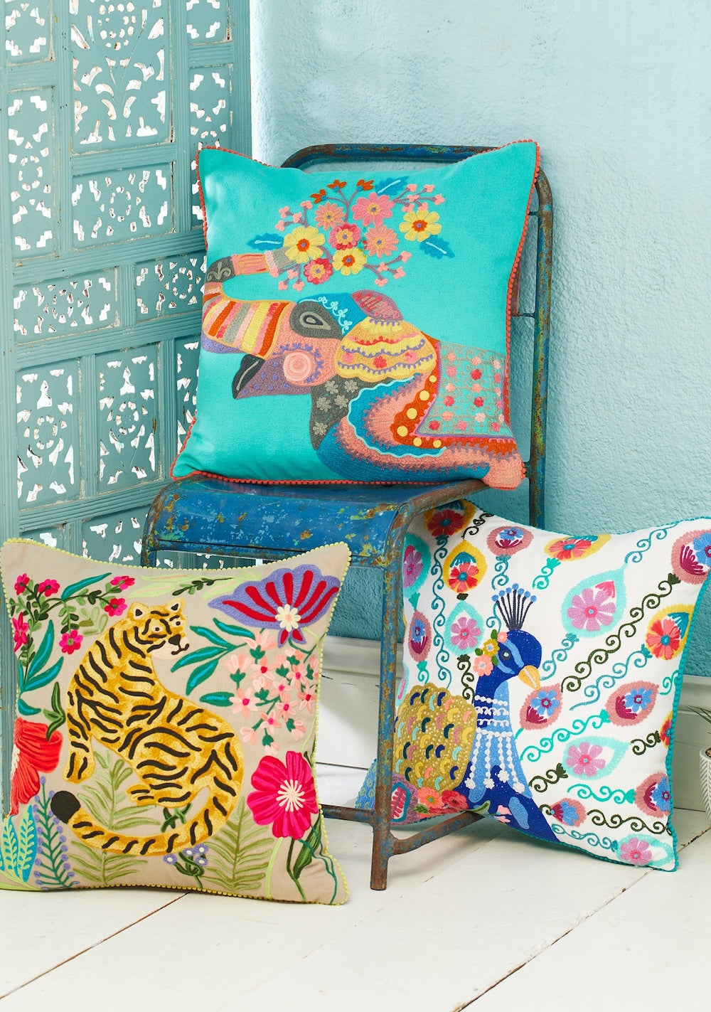 Elephant, Peacock and Leopard Embroidered Cotton Cushions - Second Nature Online