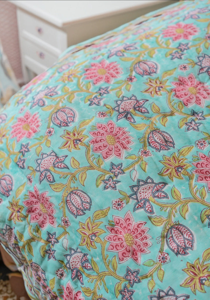 Pink Blue Floral Pattern Block Print Design