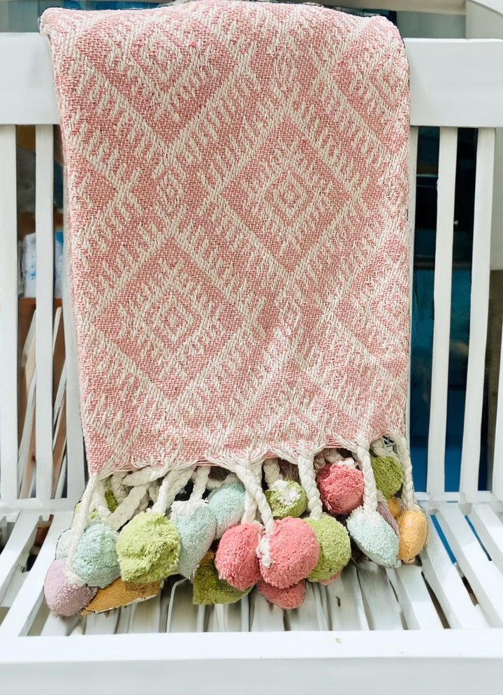 Rose Pink Recycled Cotton Throw with Multi Colour Pom Poms