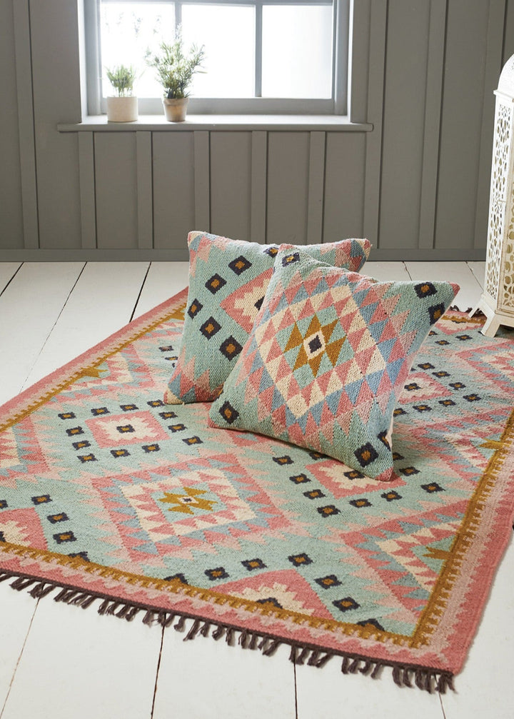 Pink Blue Kilim Wool and Cotton Rug Second Nature Online