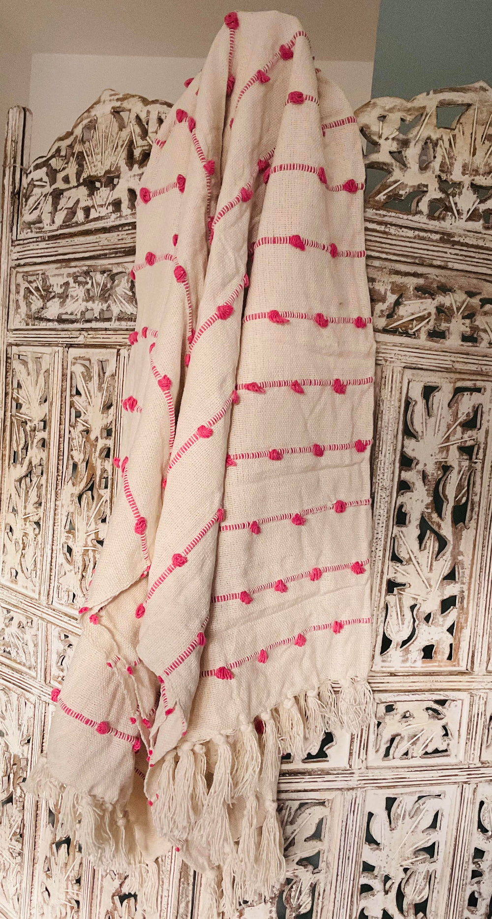 Pink Cream Looped Design Cotton Throw - Second Nature Online