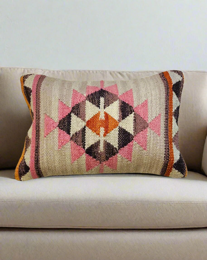 Pink Grey Geometric Wool Cotton Cushion Cover - Second Nature Online