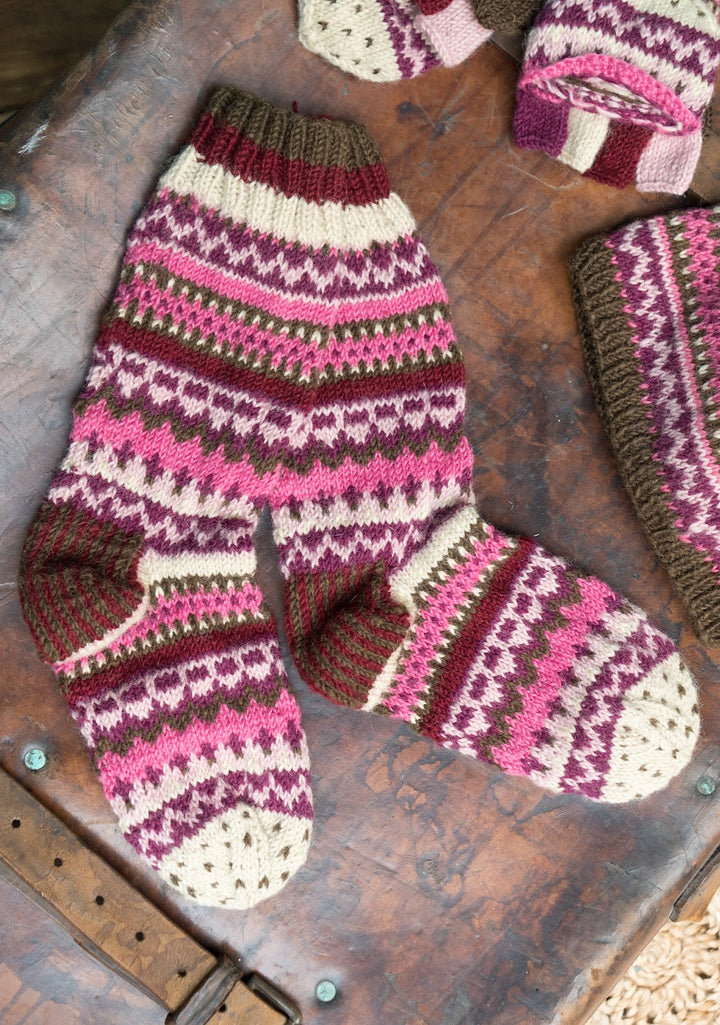 New Zealand Wool Large Socks Plum Multi Colours Striped Pattern