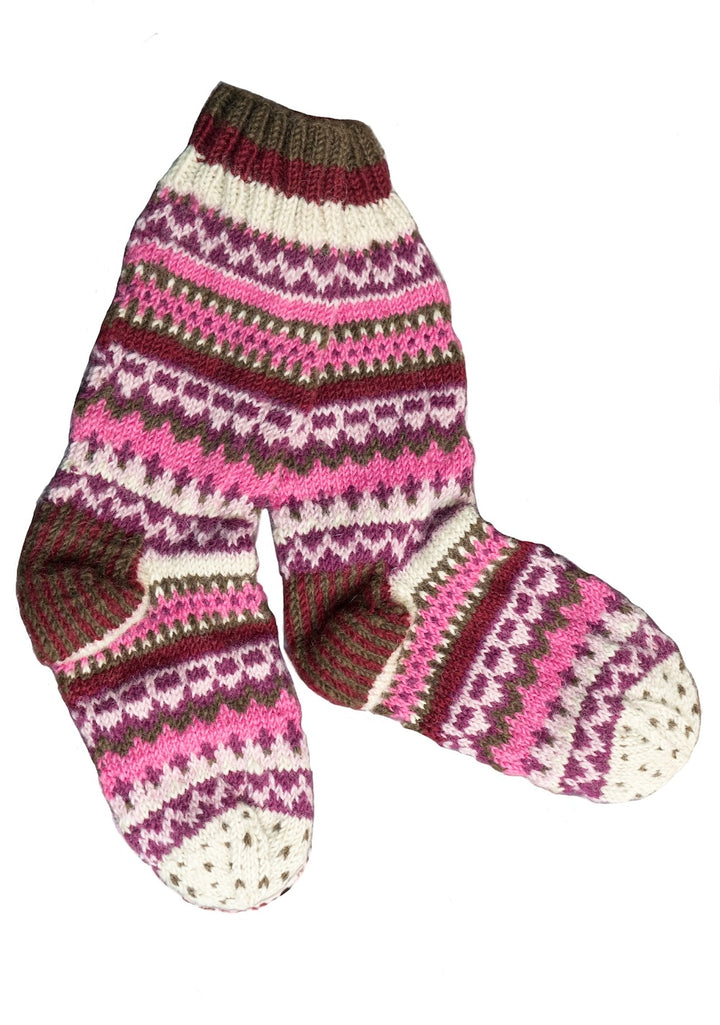 New Zealand Wool Large Socks Plum Multi Colours Striped Pattern