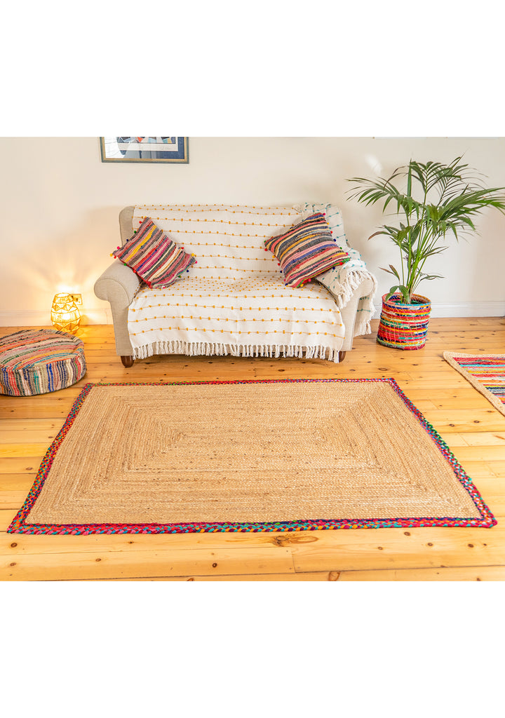 Natural Hemp Rectangular Rug With Rainbow Chindi Braided Border