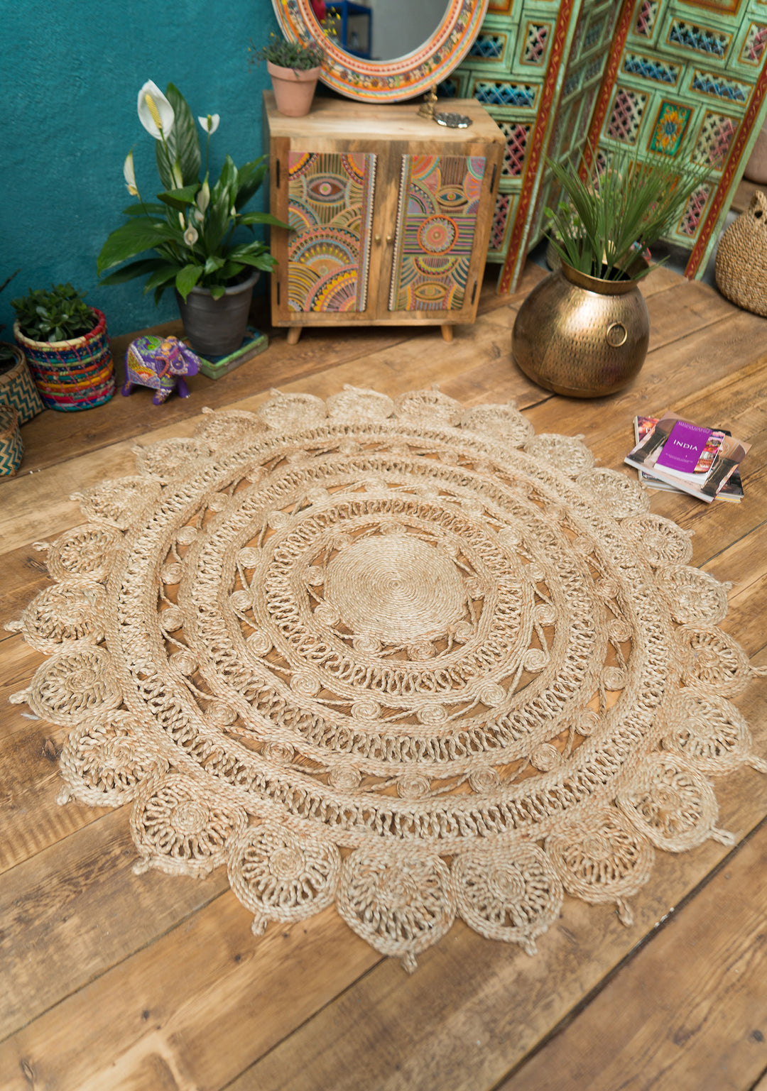 Natural Round Rug Jute Braided Open Weave 150 cm x 150 cm