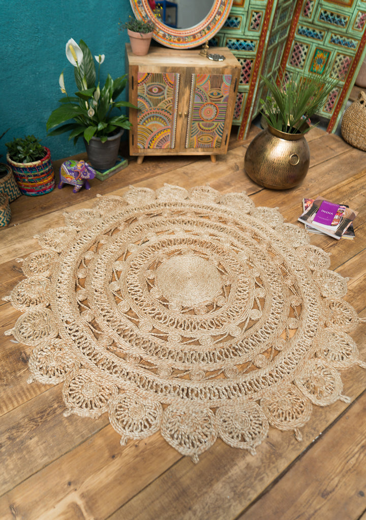 Natural Round Rug Jute Braided Open Weave 150 cm x 150 cm