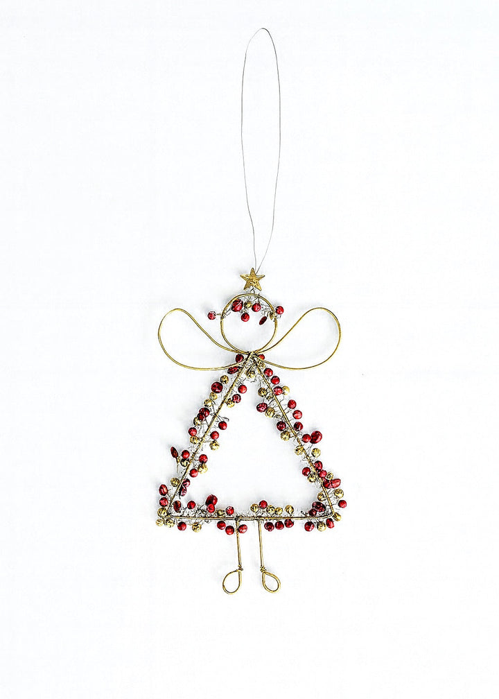 Decorative Christmas ornament shaped like a angel with red beads and gold accents on a white background.