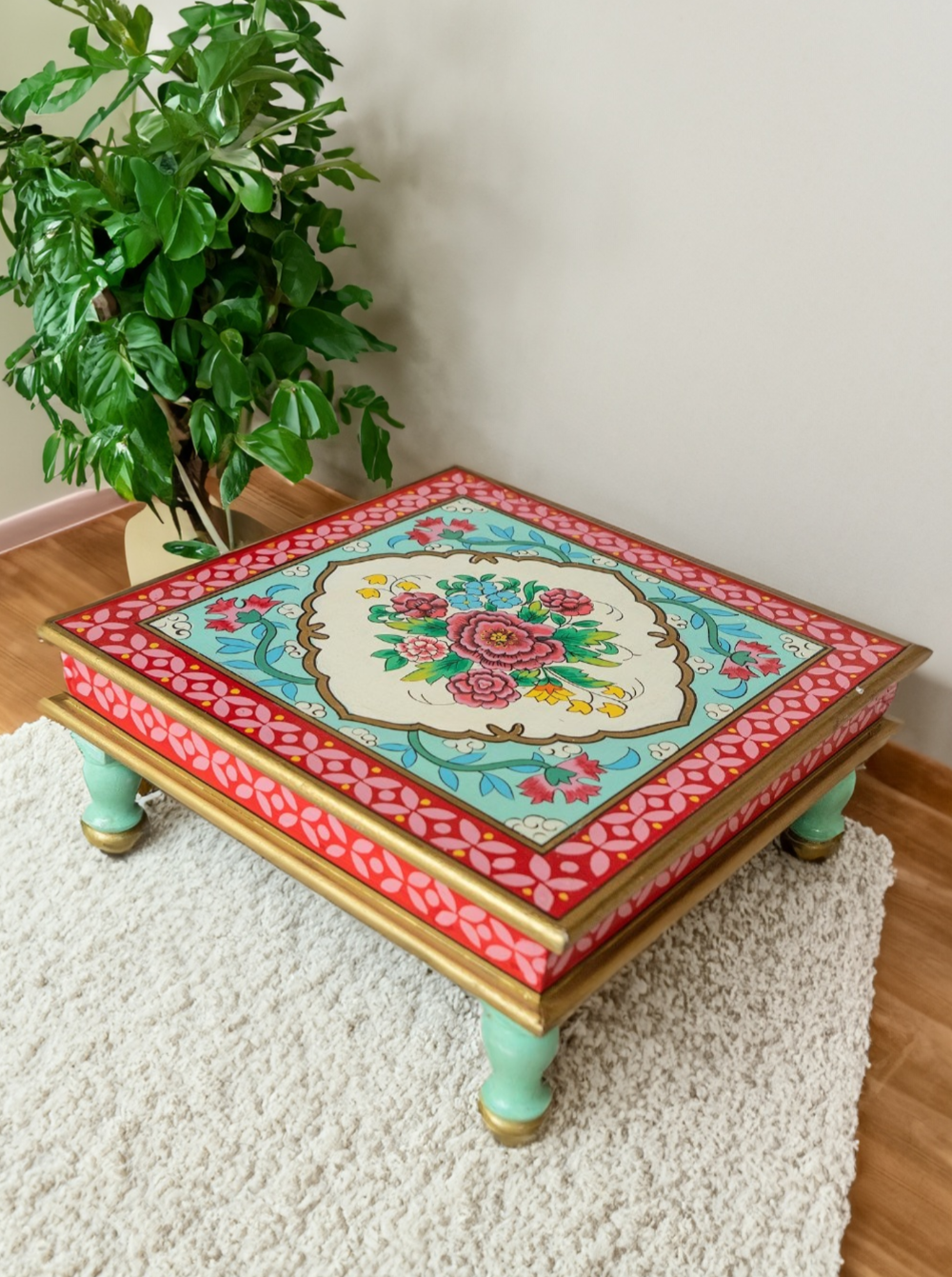 Vintage Handcrafted Hand Painted Red Blue Mango Wood Bajot Coffee Side Table