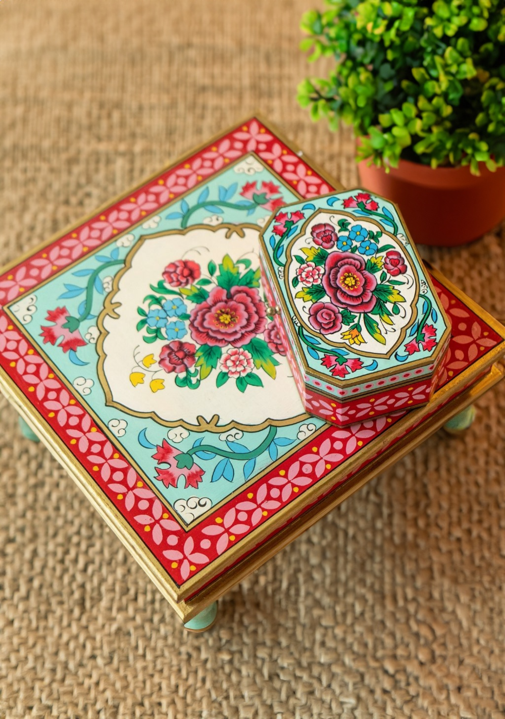 Vintage Handcrafted Hand Painted Red Blue Mango Wood Bajot Coffee Side Table