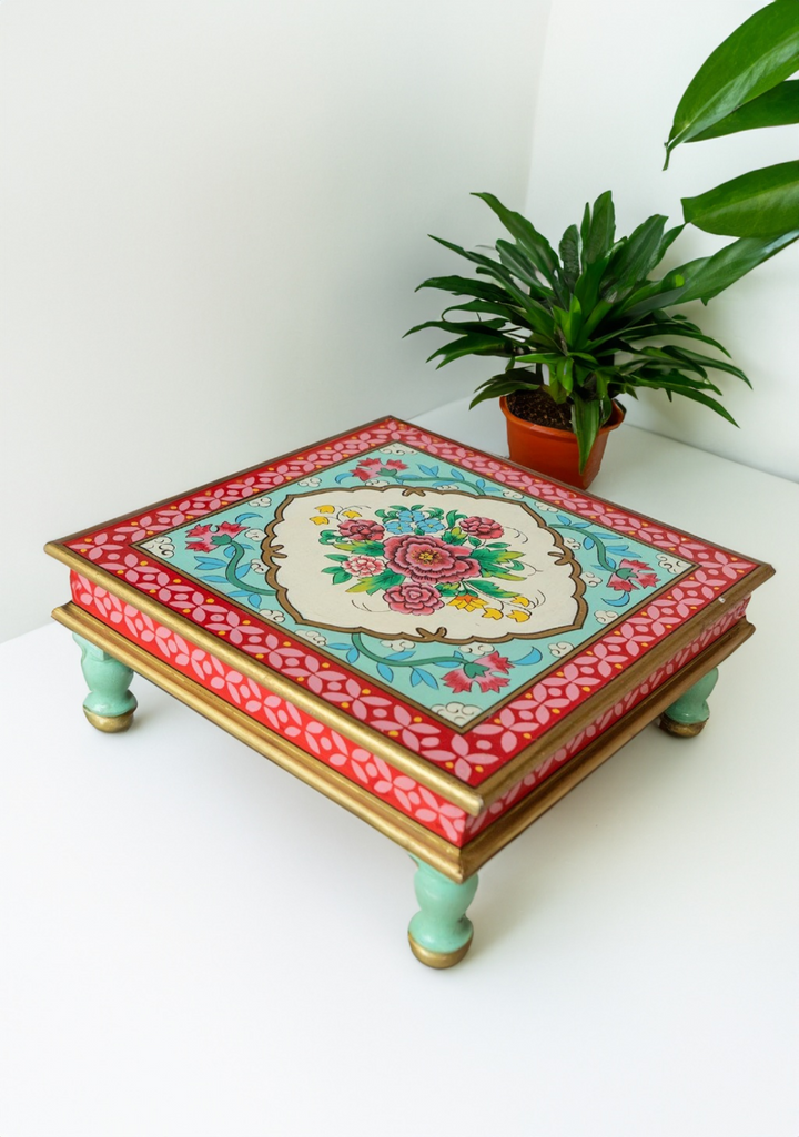 Vintage Handcrafted Hand Painted Red Blue Mango Wood Bajot Coffee Side Table