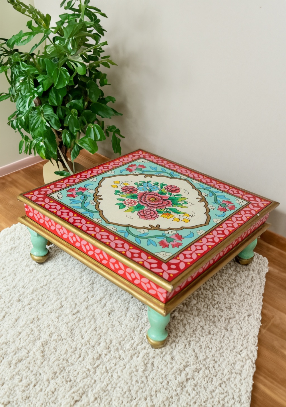 Vintage Handcrafted Hand Painted Red Blue Mango Wood Bajot Coffee Side Table