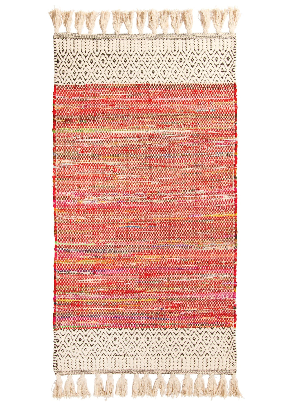 Red Chenille Rag Rug With Geometric Pattern - Second Nature Online