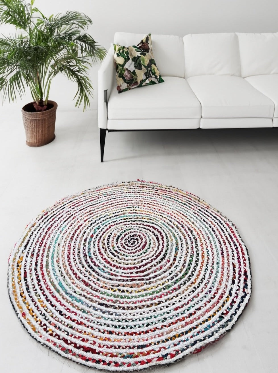 Round Carnival White Rainbow Striped Rug