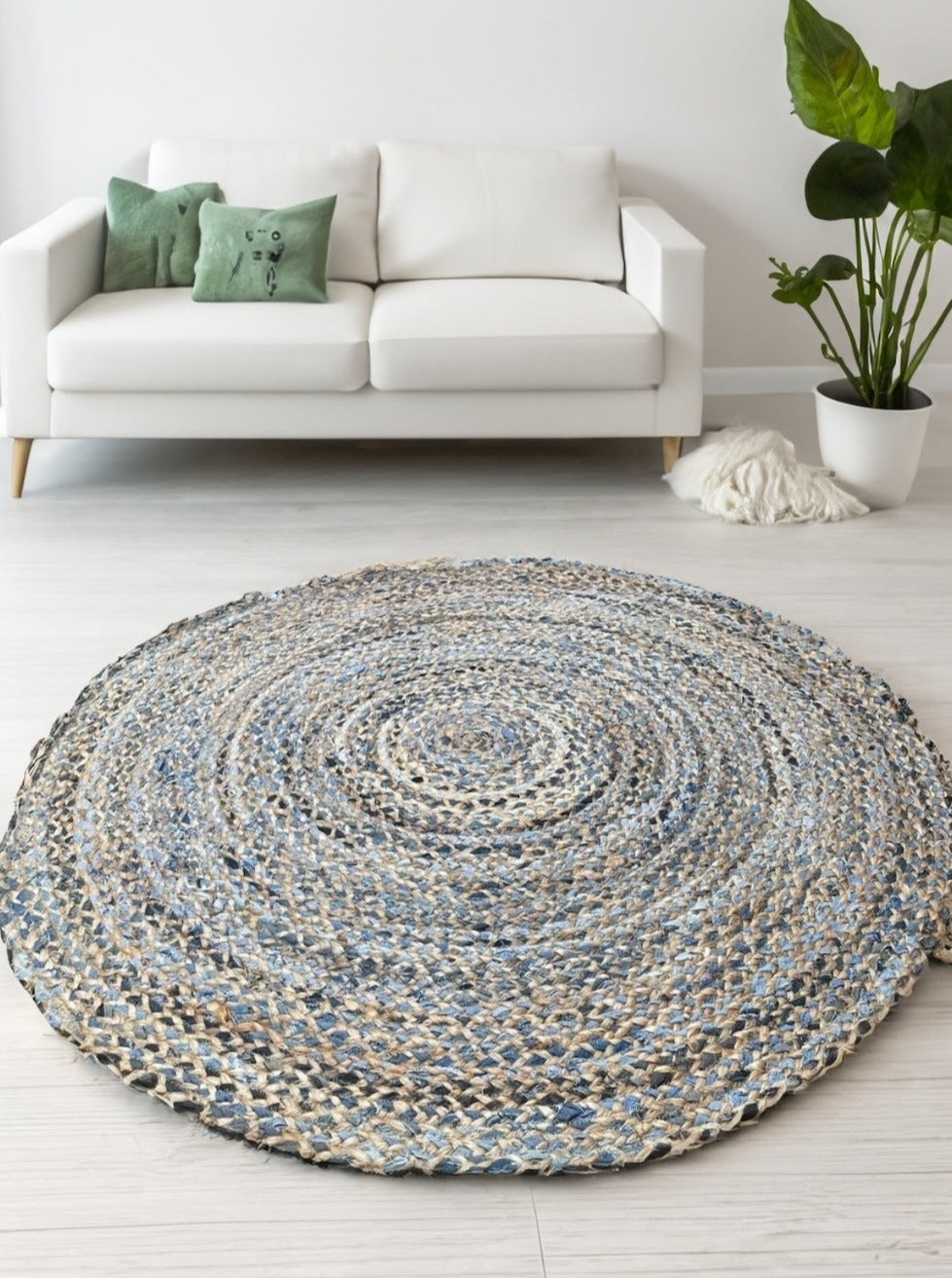 Round Denim Jute Living Room Rug - Second Nature Online