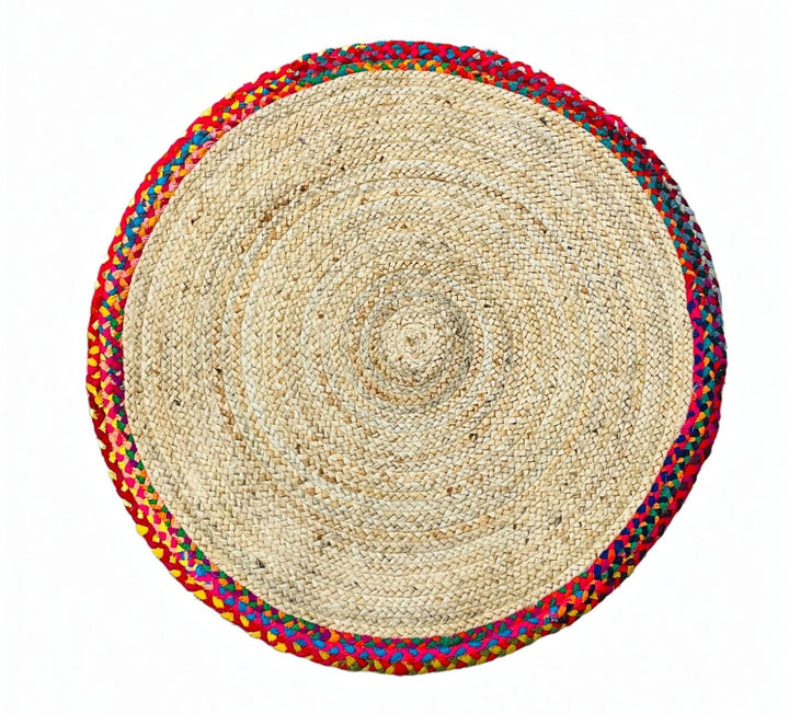 Round Jute and Rainbow Chindi Border Rug - Second Nature Online