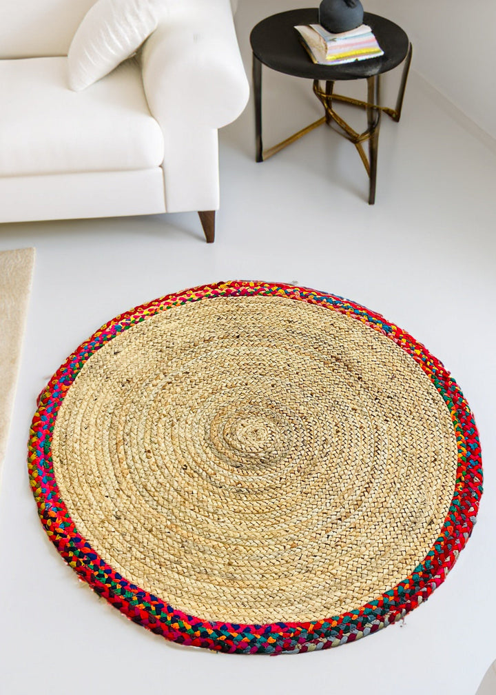 Round Natural Jute Braided Rug With Rainbow Border - Second Nature Online