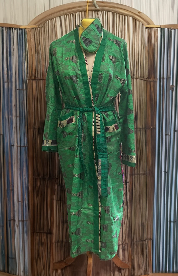 Green Dressing Gown Made from Recycled Sari's With Matching Eye Mask Small / Medium