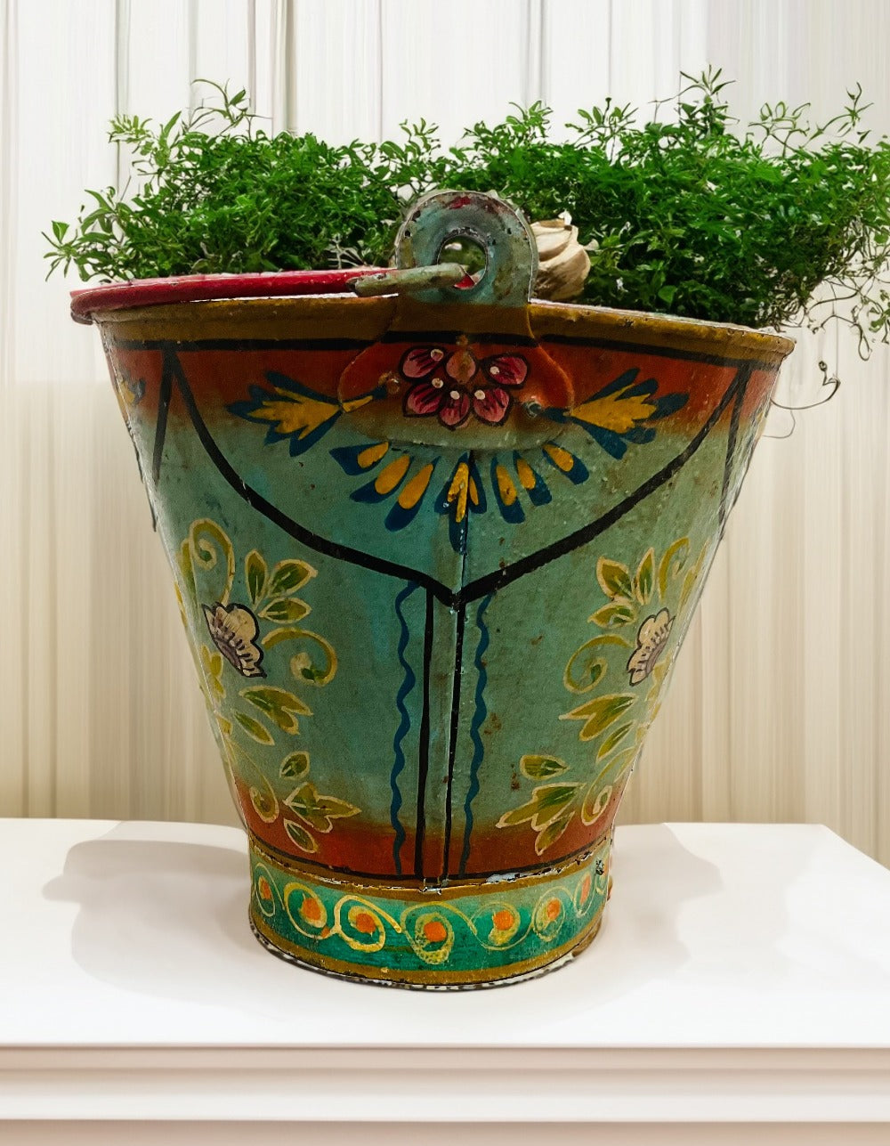 Side View Of Indian Hand Painted Bucket Plant Pot