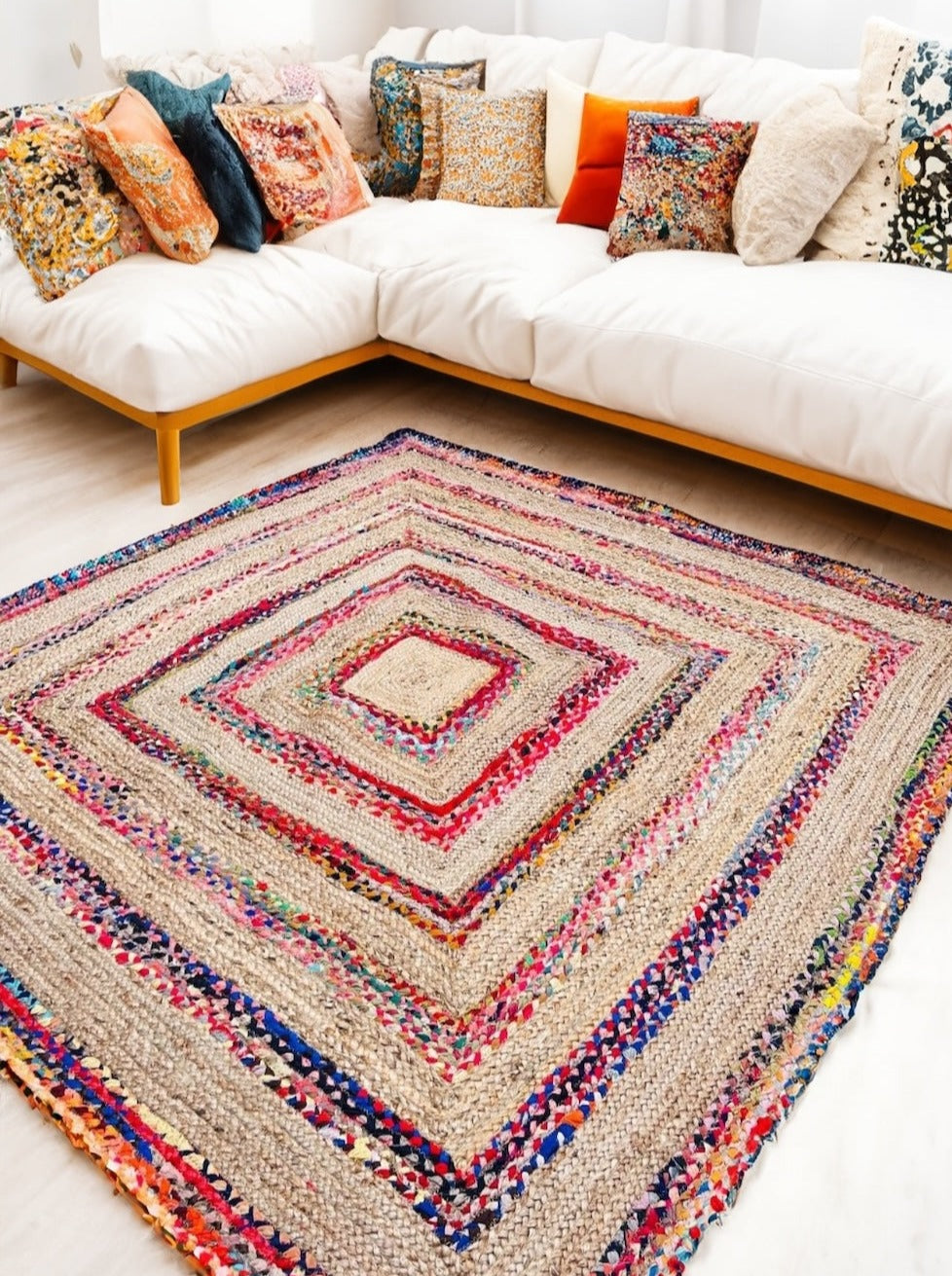 Square Fiesta Natural Jute Rug And Hand Woven Mixed Rainbow Fabric Second Nature Online