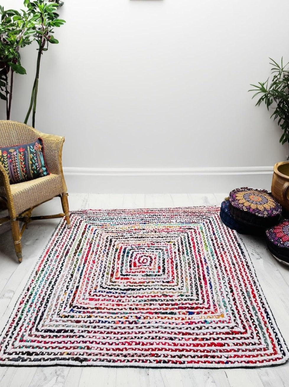 Square Carnival White Braided Rag Rug - Second Nature Online