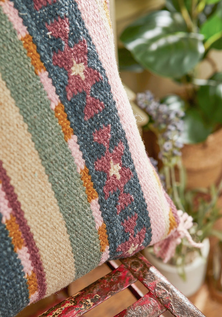 close up of striped geometric kilim cushion cover