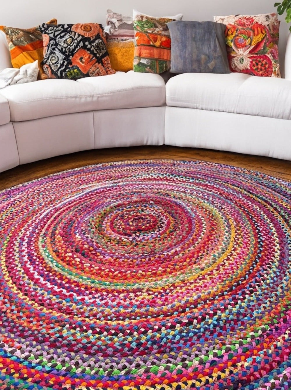 Sundar Round Braided Fabric Rainbow Rug Second Nature Online