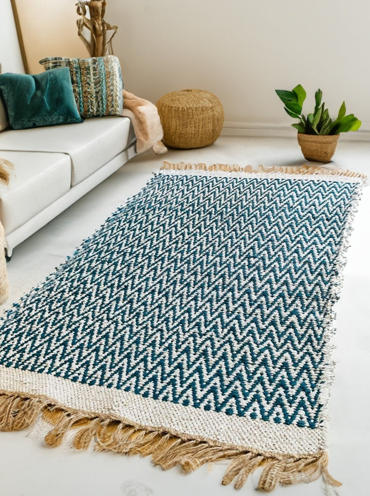 GRETA Soft Bedroom Rug Mallard Blue Herringbone Pattern 70 cm x 115 cm