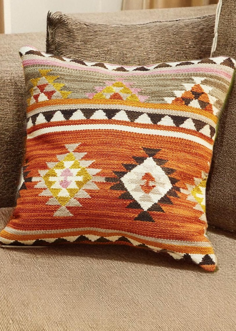Terracotta Kilim Cushion Cover With Aztec Design