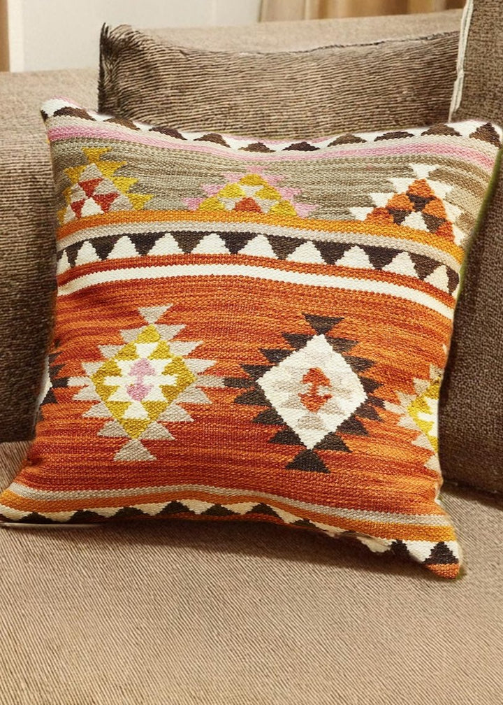 Terracotta Kilim Cushion Cover With Aztec Design