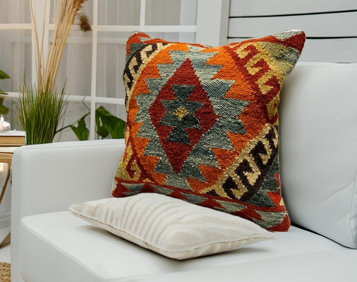 Hand Crafted Diamond Wool and Cotton Multi Colour Blue Terracota Kilim Cushion Cover 50 cm x 50 cm