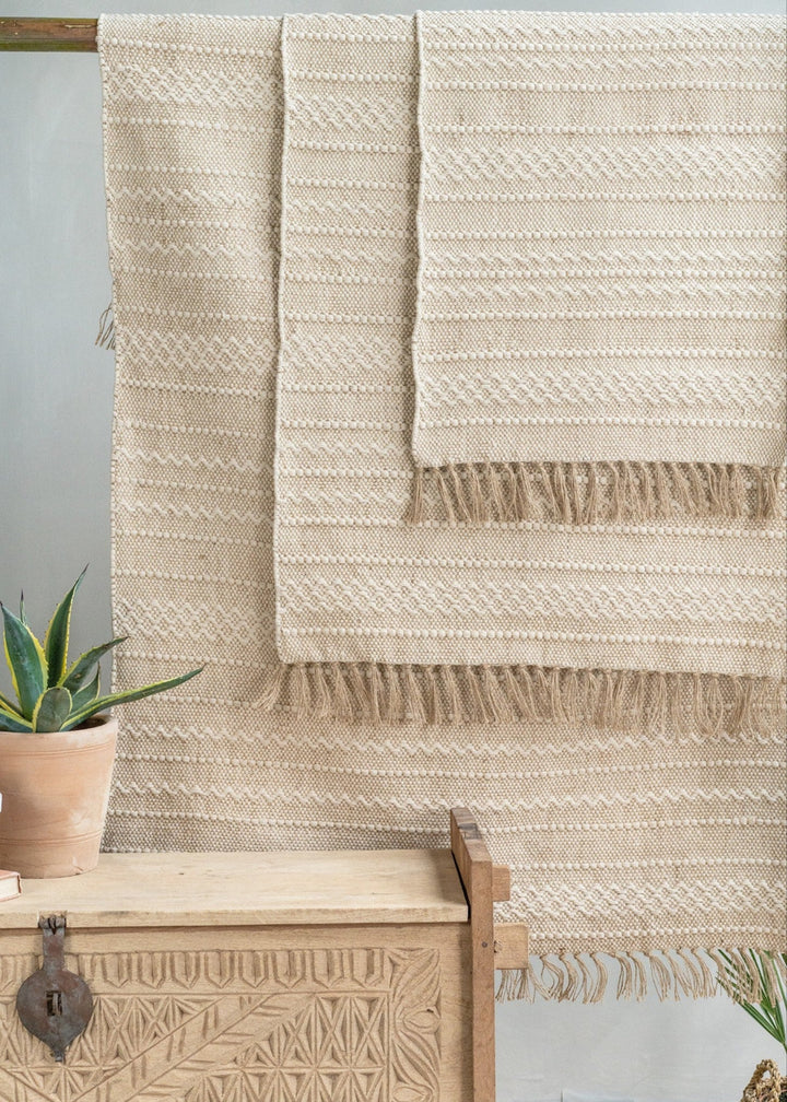 Textured Cream Cotton Jute Rug Three Sizes Available - Second Nature Online