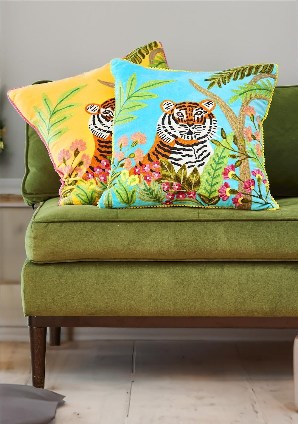 Tiger Velvet Cushion Cover In Yellow and Blue - Second Nature Online